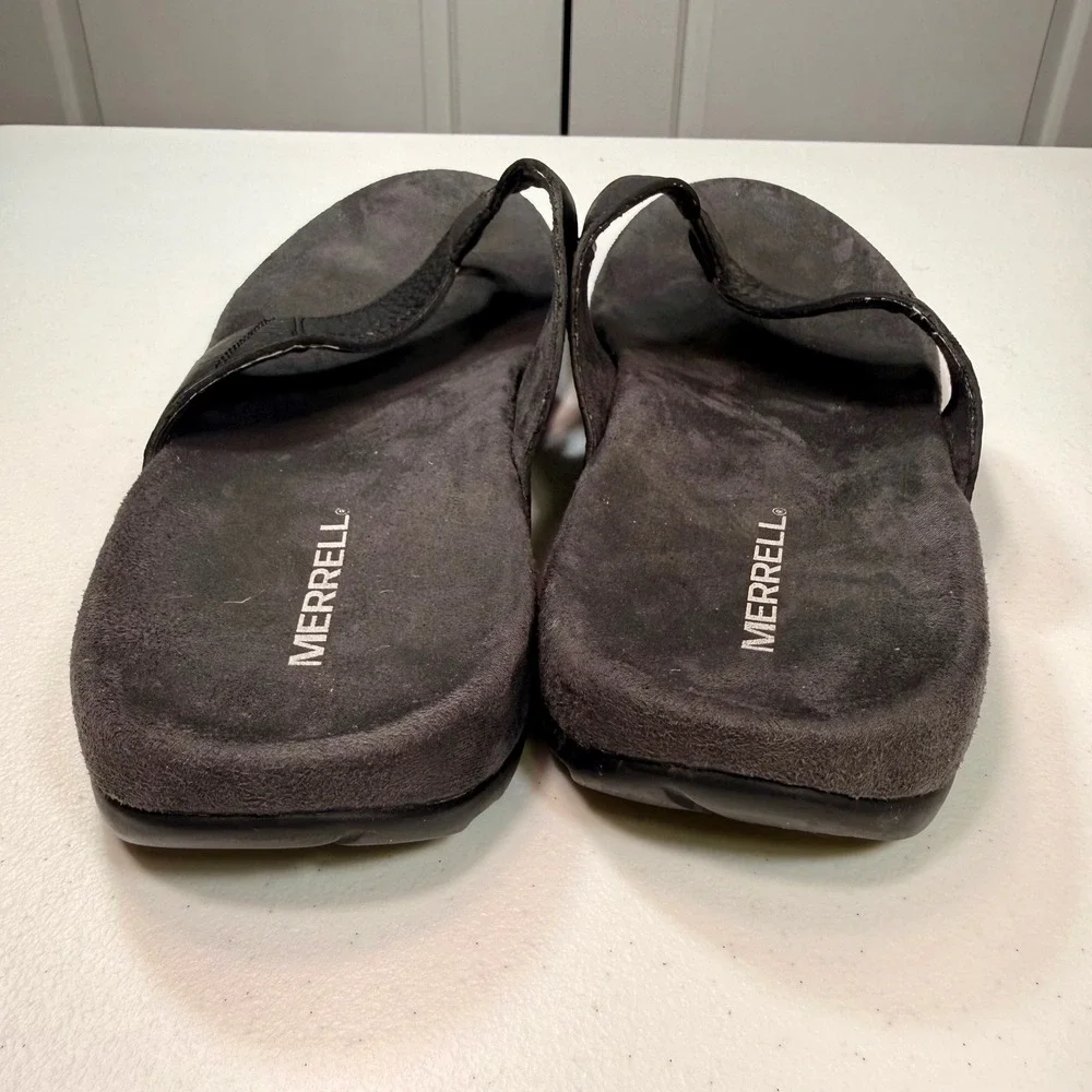 Merrell Mens Black Leather Flip Flop Sandals Performance Air Cushion Size 12